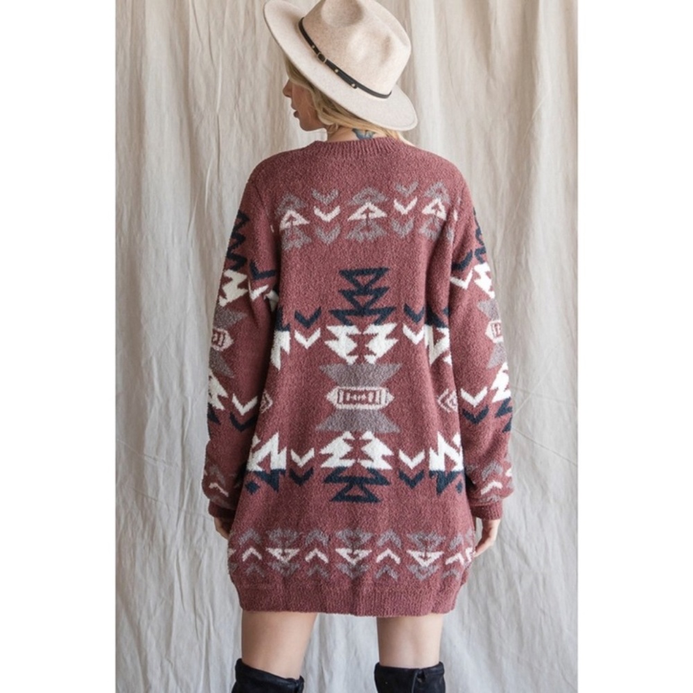 SOLD OUT Brick Fuzzy Blanket Aztec Tribal Native Western Boho Open Cardigan - Picture 5 of 7